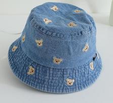 Spring Summer Baby Caps Lovely Bear Embroidery Pattern Kids Boys Girls Outdoor Sun Hats Soft Denim Children Fisherman Hat 48-50CM mėlyna