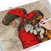 Diamond Painting Cross Stitch Santa Claus Full Square Diamond Embroidery Christmas Mosaic Cat Handmade Gift Full Round (20X30CM) gray