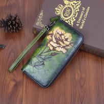 Johnature Retro ilga rankinė piniginė telefono piniginė Rankų darbo spausdinimo piniginės kortelių laikiklis Laisvalaikio moteriškos piniginės ir piniginės žalia