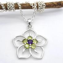 Apvalaus kirpimo peridotas ir ametistas (1,1 Ct) Gėlių dizaino kaklo pakabukas, solidus 925 sterlingų sidabro brangakmenio pakabukas su grandinėle, skirta moterims arba mergaitei violetinė/žalia