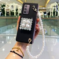 „Franch Style Conque“, skirta „Samsung Galaxy Z Fold“ 4 3 2 5 g „Bling“ deimantinio kalnų krištolinio stovo laikiklio dėklo dangtelis su perlų rankų grandine For Galaxy Z Fold 2 juoda