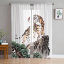 Tiger Standing On A Rock Chiffon Sheer Curtains For Living Room Bedroom Decoration Window Tulle Curtains Drapes 135W x 114H(cm) white