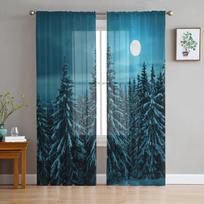 Sniego scena Miškas Mėnulis Modernios Tiulio Užuolaidos Svetainei Miegamajam Namų Virtuvei Langui Skaidrios Užuolaidos 135W x 114H(cm) blue