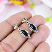 Natural Black Onex, Peridot Gemstone 925 Solid Sterling Silver Earring 1  J0z24