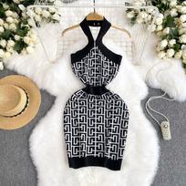 Summer Women Brand Designer Sexy Halter Mini Short Knitted Sweater Sheath Club Party Dresses One Size juoda