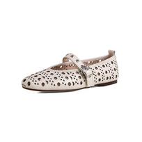 Krazing Pot Cow Leather Round Toe Flat with Autumn Summer Shoes Buckle Strpas Women Hollow Decorations Shallow European Design Pumps 34 smėlis