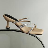 Krazing Pot Mules Microfiber Peep Toe Stiletto Thin High Heels Summer Shoes Size 44 Size 43 Crystal Women Sandals 34 abrikosas