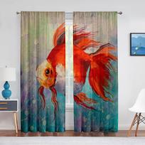 Goldfish Koi Fish Ink Painting Leaves Tulle Curtains for Living Room Bedroom Decor Chiffon Sheer Voile Kitchen Window Curtain 1 PCS W100XH250cm&Rod Pocket red