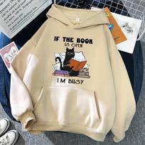 If The Book Is Open I'm Busy Black Cat Hoody Women Casual Crewneck Hoodies Fashion Loose Clothes Fleece Pullover Sweatshirt 3XL blue