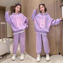 Autumn Teenage Girl Clothes Set Children's Girls Hoodies Sweater and Sweatpants Two-piece Suit Kid Letter Tracksuit 130 violetinė