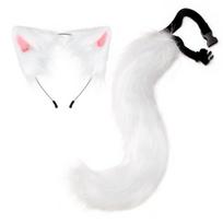 Lapės uodegos galvos apdangalas rankų darbo imituotas lapės uodegos katės ausų rinkinys Helovino cosplay kostiumo pūkuotas lapės uodegos aksesuaras white