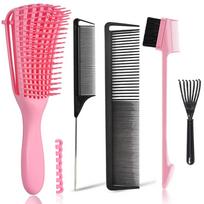 Detangler Brush with Edge Brush, Rat Tail Combs Set for Natural, Curly, Wet/Dry, Black Hair, Flex Detangling Brush Set for Hair Style and Cuting 1set rožinė