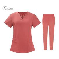 2vnt / rinkinys Unisex ligoninės uniformų rinkinys V formos iškirpte trumpomis rankovėmis kišenės Viršutinės elastinės juosmens kelnių rinkinys Greitai džiūstantis ligoninės dantų slaugos šveitimas uniformos XXL oranžinė
