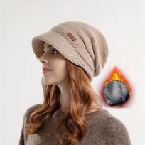 1pcs Warm And Stylish Winter Baggy Beanie Hat With Brim For Women - Textured Knit Hat For Skiing And Cycling