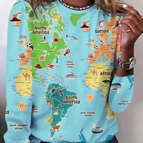 Map Print Long Sleeve T-shirt Casual Crew Neck Top For Spring Fall Women's Clothing S