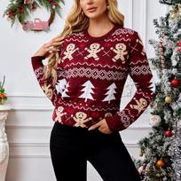 GMXIA Gingerbread Man Jacquard Long-sleeved Sweater Pullover Casual Top Christmas Sweater S