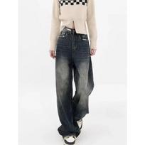 Baggy Jeans Women Retro Fashion Autumn High Waist Pants Loose Wide Leg Denim Female Trousers S mėlyna