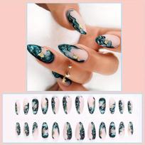 24pcs Matte Medium Almond Fake Nails, Green Marble Print Press On Nails With Golden Foil Design, Smudged False Nails For Women Girls Daily Wear Imported ABS