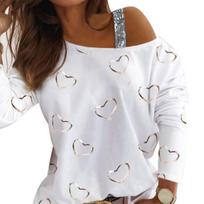 Women Blouse Long Sleeve Heart Shape Print Gold Stamping Shiny Sequins One M balta