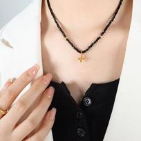 French Elegant Niche Black Glass Stone White Imitation Pearl Beaded Cross Necklace Personality Temperament Clavicle Chain