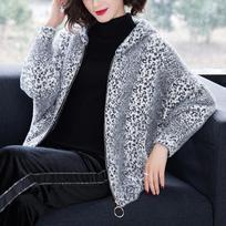 Women's Warm Top Hooded Leopard Print Warm Jacket Plus Size Zipper Jacket 3XL