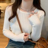 Women's Base Coat with Black Fungus Edge Knitted Sweater Top Slimming Pullover Sweater L pilka