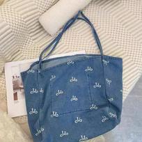 Pure Color Denim Large Capacity Tote Bag Fashion Bow Tie Pattern Shoulder Women's Bag Winter Casual Travel Shopper Handbags 34x20x30cm mėlyna
