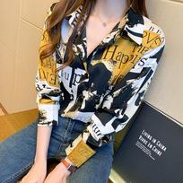 Hong Kong style printed shirt for women with a sense of spring Western style retro Hong Kong style chiffon long sleeved top S