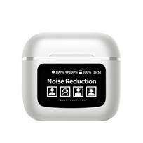 YW09 Belaidės BT ausinės su APP, LCD spalvotu jutikliniu ekranu, įkrovimo dėklu, išmaniu triukšmo slopinimu balta