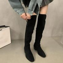 2024 2024 Women Knee High Boots Flock Chelsea Booties Black Blue Beige Flat Low Heels Party Pumps Sock Botas Slip On Winter Boots 35