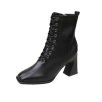 2024 Winter Boots Lady Boots-Women Autumn Shoes Zipper 2024 Elegant High Heel Rubber Ankle Solid Basic Casual Square Toe PU Sewing Le 35