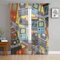 Gamepad Button Video Game Cartoon Tulle Sheer Window Curtains for Living Room the Bedroom Modern Voile Organza Curtains Drapes W135 x H115cm x1&Grommet Top white