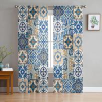 Portuguese Ethnic Flower Ceramic Tile Tulle Sheer Window Curtains for Living Room Bedroom Modern Voile Organza Curtains Drapes W135 x H115cm x1&Rod Pocket