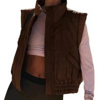Women Winter Vest Coat with Pockets Stretchy Hem Stand Collar Padded Waistcoat Single-breasted S ruda
