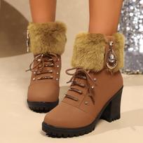 Fashion AJGS Winter High Heeled Women Boots Cross Straps Short Boots Comfortable Waterproof Boots Warm Plus Size Women Shoes 35 smėlis