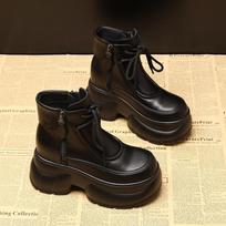 Fashion High quality 8CM Microfiber Genuine Ankle Booties Chimney Shoes Genuine Leather ZIP Boots Women Autumn Motorcycle Spring Fashion 34 juoda