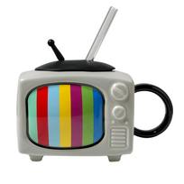 Nostalgiškas Retro TV Keraminis Puodelis Kūrybingas Juokingas Namų Ūkio Puodelis su Šiaudeliu ir Dangteliu Rankena Gimtadienio Dovana Vandens Puodelis 450ml black