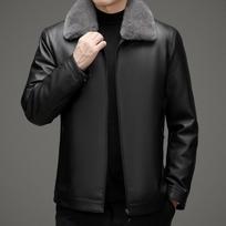 Real fur collar leather jacket, genuine leather down jacket, men's middle-aged and elderly dad's wear, thickened business casual short jacket 195 black
