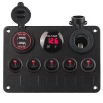 Waterproof Digital Voltmeter Marine LED Rocker Boat Switch Panel 5 Gang Car Switch Panel Dual USB Port 12V Outlet Combination raudona