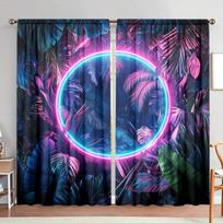 2pcs Tropical Plant Blue Purple Neon Light Effect Printed Curtain for Home Decor - Rod Pocket Window Treatment for Bedroom 52.5cmX116cm X 2pcs blue