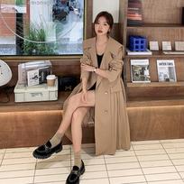 Khaki Collar Pleated Windbreaker Jacket Women's Mid-Length Spring and Autumn New Design Casual Coat XL black