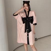 Plus Size Women's Summer Cute Big Bow Cardigan Loose Nightdress One size rožinė/juoda