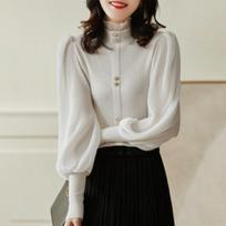 Autumn and Winter Elegant Feminine Flavor Black Fungus Half High Collar Lantern Sleeve Base Knitted Shirt for Women L ruda