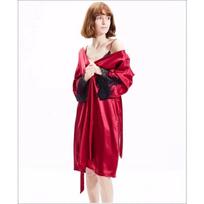 Moteriškas 2 dalių šilkmedžio šilko kimono chalato rinkinys Naktiniai marškiniai ir chalatas Gryno šilko nėrinių pižama ir chalato rinkinys Pižama M red