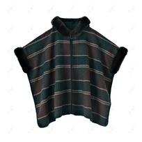 Rudens ir žiemos mada dryžuotas pelerinas šalikas moteriškas su gobtuvu kailiniu apykakle laisvas odinis sagtimi kardiganas paltas One Size tamsiai žalia spalva
