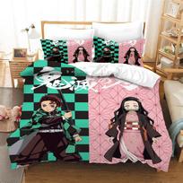 Kamado Tanjirou Kamado Nezuko print Cartoons custom bedding set, Demon Slayer Cartoons duvet cover set full queen king, 3pcs EU single(135x200cm) black