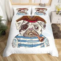 Pirate Pug Dog Duvet Cover Queen Kids Cute Cartoon Pet Dog Bedding Set Kawaii Puppy Comforter Cover Animal Themed Quilt Cover EU Single 135x200cm