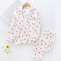 Spring Ladies Pajamas Set Heart Printed Crepe Cotton Double-layer Gauze Turn-down Collar Long-sleeve Trousers Household Wear M