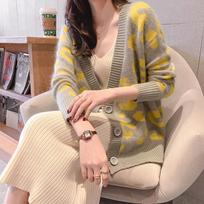 Knitted Cardigan Sweater Coat Korean Loose Leopard V-Neck Single-Breasted Student Sweater Jackets XL