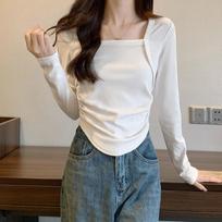 Fake two-piece square neck long-sleeved T-shirt for women in spring and autumn new pure desire to expose collarbone design niche super figure top S
